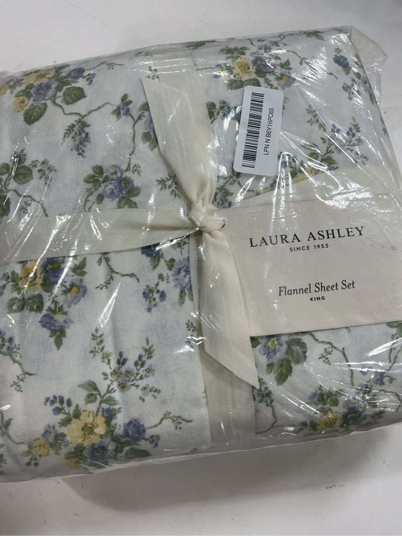 Condition photo showing Good Condition for Laura Ashley - Flannel Sheets King Size, Anti-Pilling & Wrinkle Resistant Cotton, Touchably Soft for All-Season Comfort - Bed Sheets with Matching Pillowcases & Fitted Sheet (Le Fleur Cottage Blue) King Le Fleur Blue