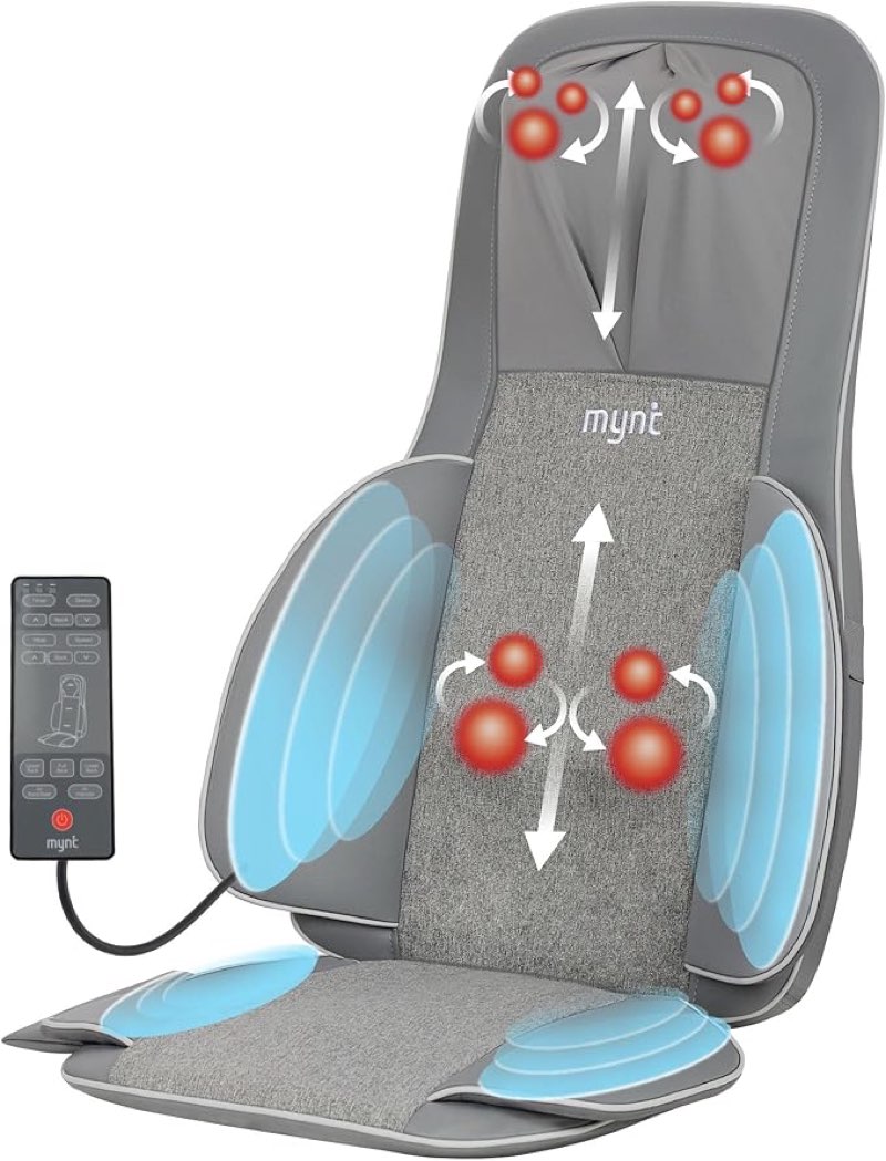 Mynt 2D & 3D Shiatsu Neck and Back Massager for Chair with 10 Deep Kneading Nodes, Adjustable Back M