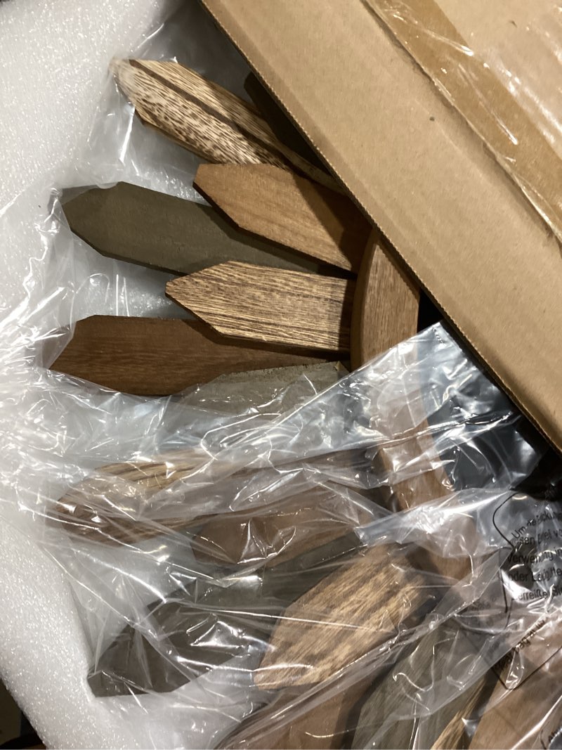 Condition photo showing Good Condition for Honiway Large Wall Clock Battery Operated 21 in Rustic Wood Boho Sunburst Decorative Wall Clock Silent Non Ticking Farmhouse Wall Clocks for Living Room Bedroom Kitchen Bathroom Decor (Tricolor) Tricolor 21 inch