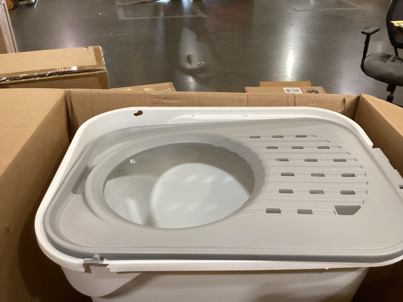 Condition photo showing Good Condition for iris usa cat litter box large top entry with lid, enclosed litter box with litter catching lid & scoop, covered cat litter box enclosure for privacy, high sided, white/gray rectangular white w/ scoop