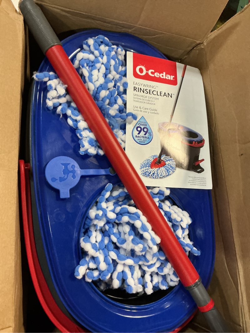 Condition photo showing New/Like New for o-cedar rinseclean spin mop & bucket system + 2 extra mop heads | clean with water | removes 99% of bacteria rinseclean spin mop & bucket + 2 extra refills cleaning system