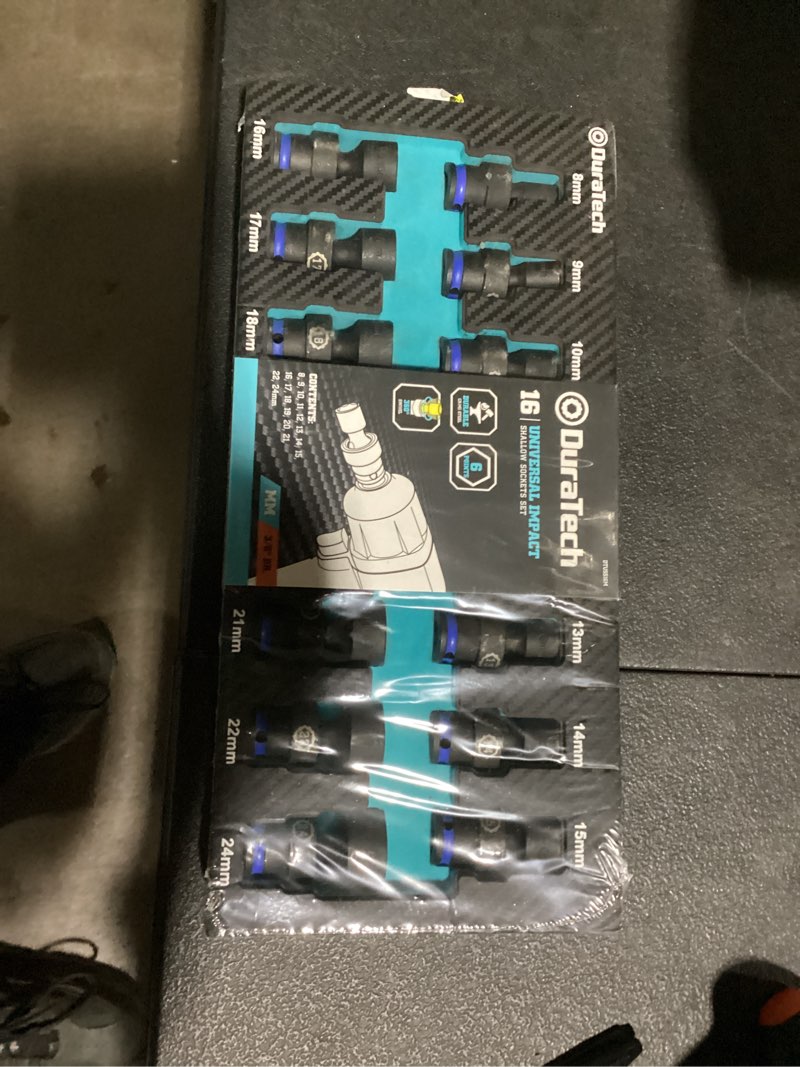 Condition photo showing New/Like New for duratech 3/8" drive impact universal joint socket set, swivel socket set, 16-piece, metric, 8-24mm, cr-mo steel, organized in eva foam organizer