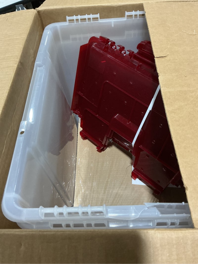 Condition photo showing Good Condition for IRIS USA Ornament Storage Box with Attached Lid, Stores 75 Ornaments per Bin, 2-Pack, Stackable Durable Christmas Storage Organization Container Bin for Holiday Decorations and Accessories, Clear/Red 60 Qt - 2 Pack