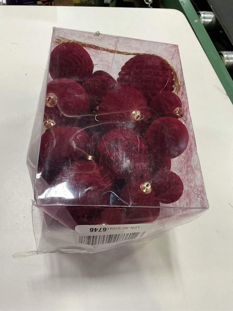 Condition photo showing Good Condition for Super Holiday Velvet Christmas Ornaments Set, 35PCS Flocked Shatterproof Assorted Hanging Xmas Tree Ball Decorations, for Home Party Holiday Valentines Day Decor, Burgundy Burgundy 1.57"-3.14"