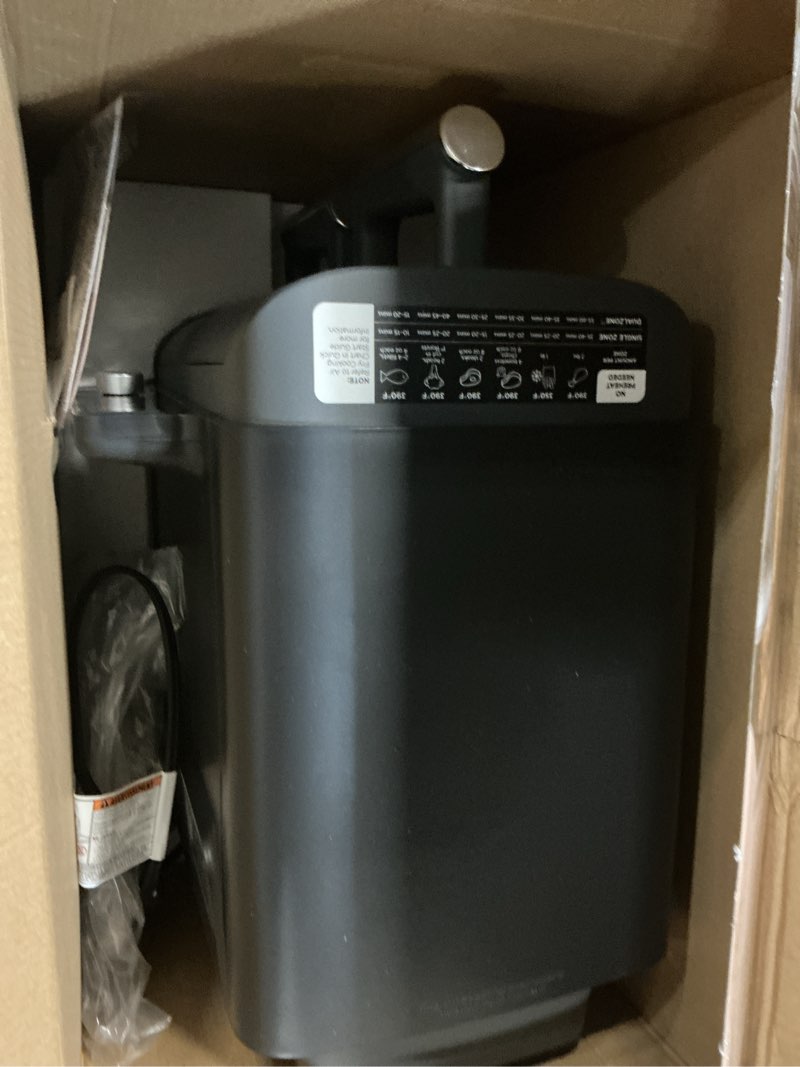 Condition photo showing As Is for ninja air fryer, 10qt doublestack xl 2-basket, compact design, cooks 5lb whole chicken, feeds up to 8 people, 6-in-1 air fryer, roast, bake & more, easy to clean, dishwasher safe parts, grey, sl401 10 qt