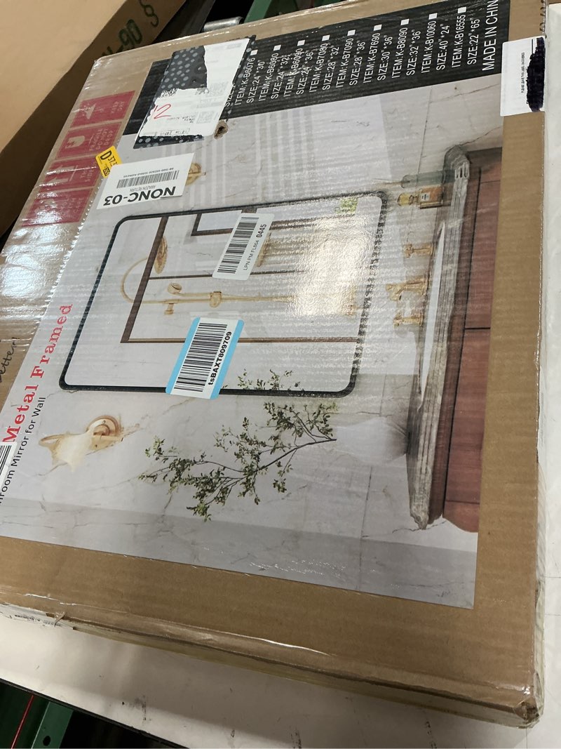 Condition photo showing New/Like New for okpal 20 x 24 inch black bathroom mirrors for over sink, rounded rectangle black bathroom vanity mirror, beveled framed mirror for wall, hd glass, anti-rust aluminum alloy mirror matte black 20"l x 24"w