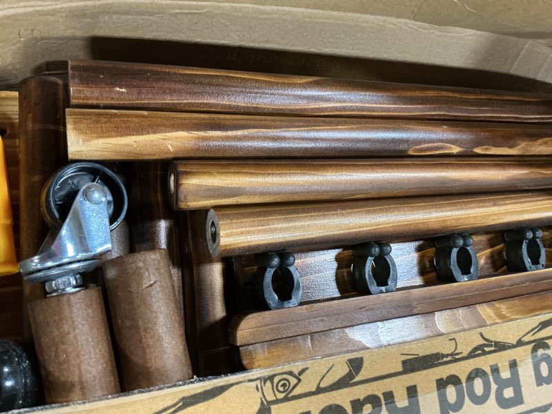 Condition photo showing Good Condition for ghosthorn fishing rod holders for garage fishing pole rack hold up to 10 rods fishing pole holders wooden organizer fishing rod rack car fishing gear storage equipment (carbonization?4 tier)