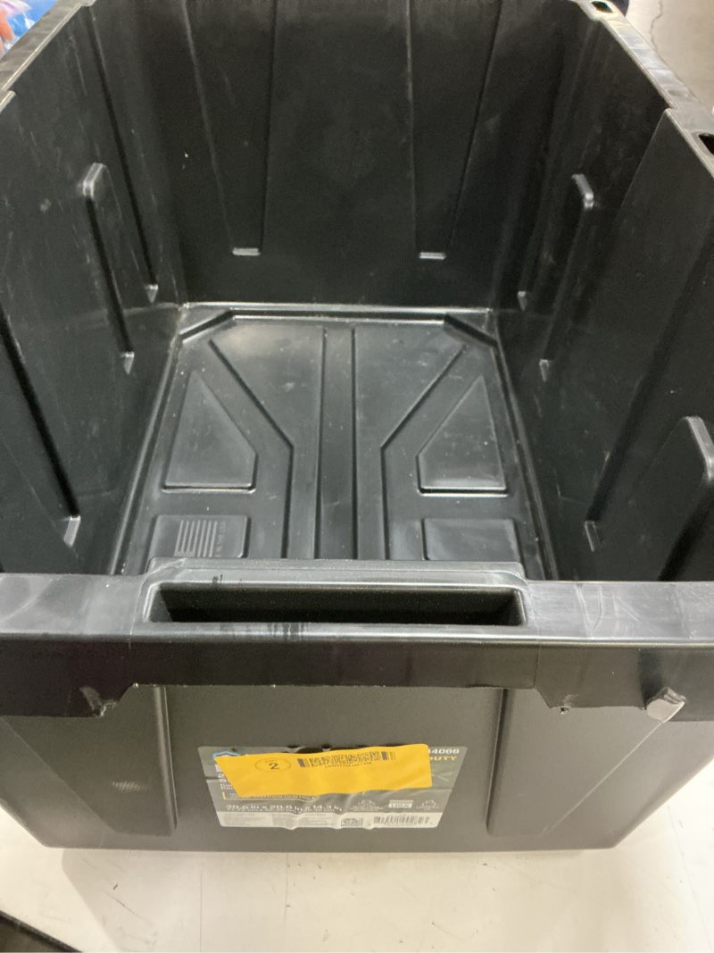 Condition photo showing As Is for project source commander large 27-gallon s (108-quart) black heavy duty tote with standard snap lid