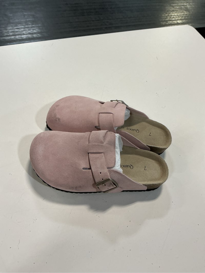 Condition photo showing Good Condition for water repellent suede clog mule size 7 shell pink