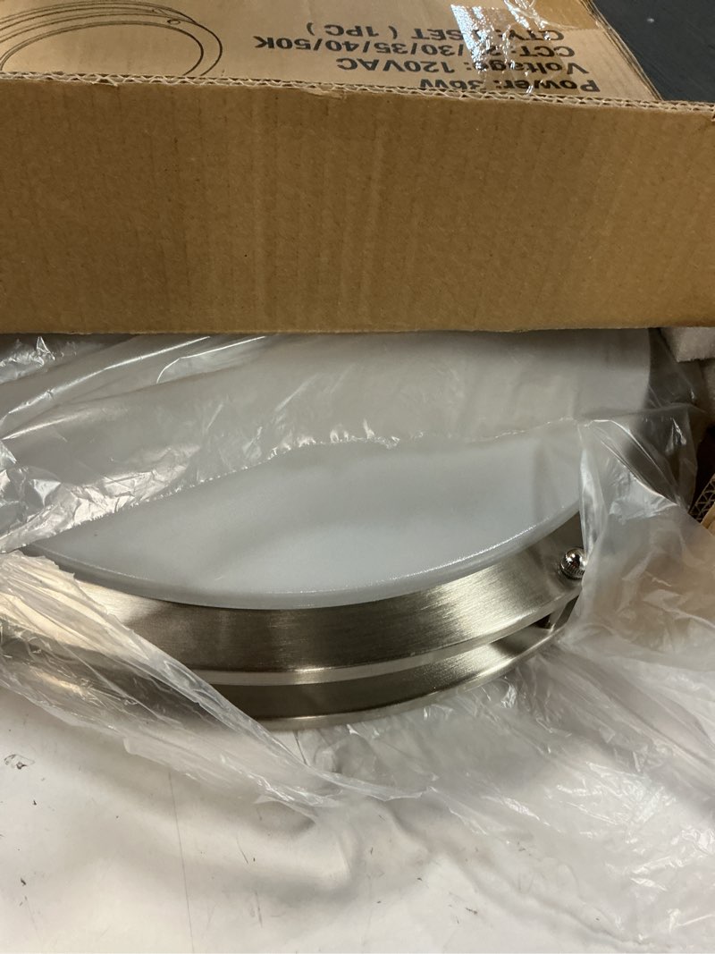 Condition photo showing Good Condition for hykolity 16 inch Dimmable LED Flush Mount Ceiling Light Fixture, Brushed Nickel, 36W, 2200LM, 2.7/3/3.5/4K/5K Adjustbale, 120°Light Angle, CRI90, Ceiling Lamp for Bedroom, Kitchen, Office, ETL Listed 16 inch Brushed Nickel