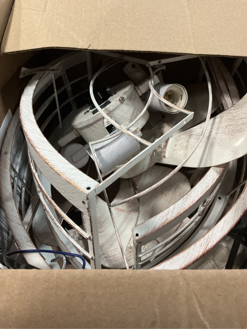 Condition photo showing As Is for LEDIARY Caged Ceiling Fan with Light and Remote, 20in Small Low Profile Ceiling Fans with Lights, 6 Speed Farmhouse Flush Mount Ceiling Fan for Bedroom, Kitchen, Living Room-White and Gold 20 Inch White and Gold