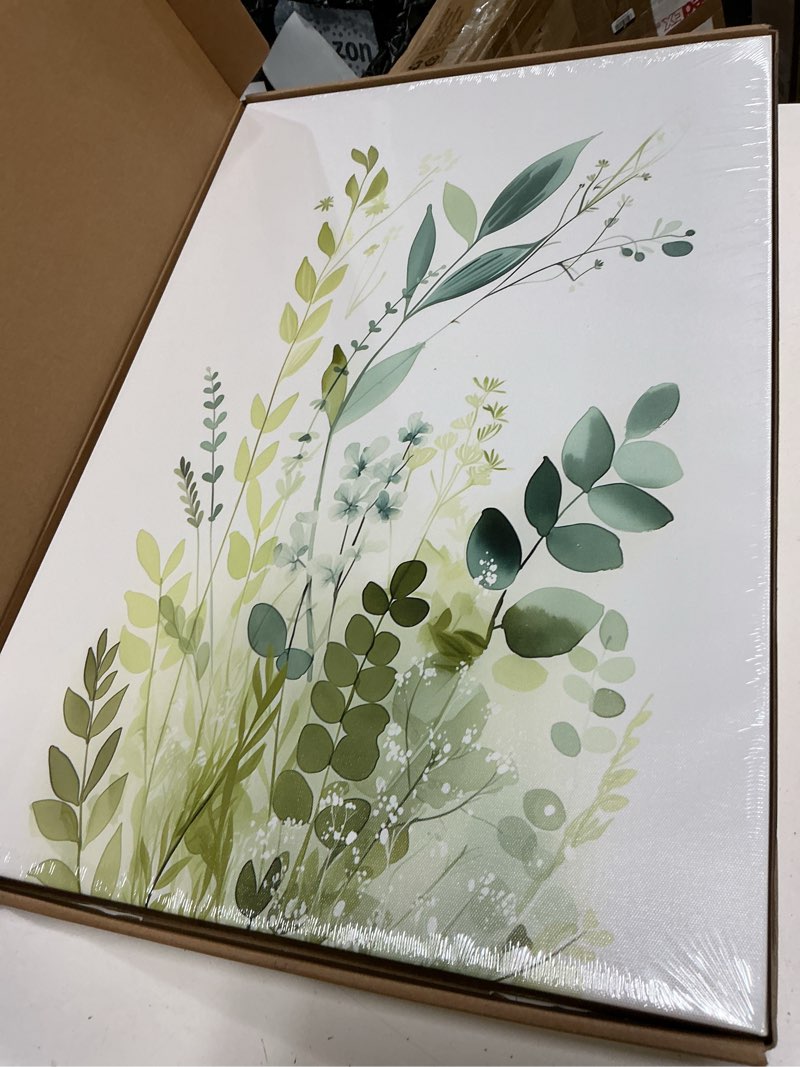 Condition photo showing Good Condition for boho floral canvas wall art set of 3, sage green wildflower botanical wall decor painting, minimalist watercolor flowers posters prints for bedroom bathroom living room 16x24 in framed 16''x 24'' x 3 pieces green flower art