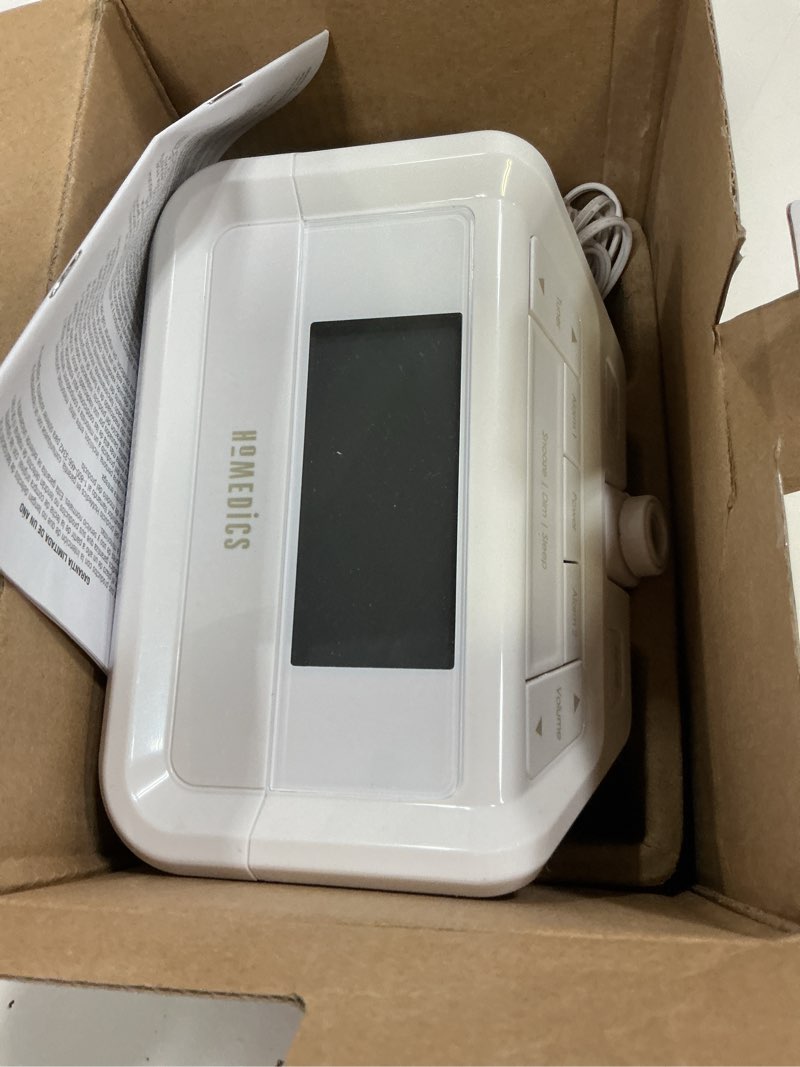 Condition photo showing Good Condition for homedics dual alarm digital fm clock radio time projection, 8 relaxing nature sounds, led display, multi-alarm snooze, sleep timer, nightlight, ceiling clock soundspa, white