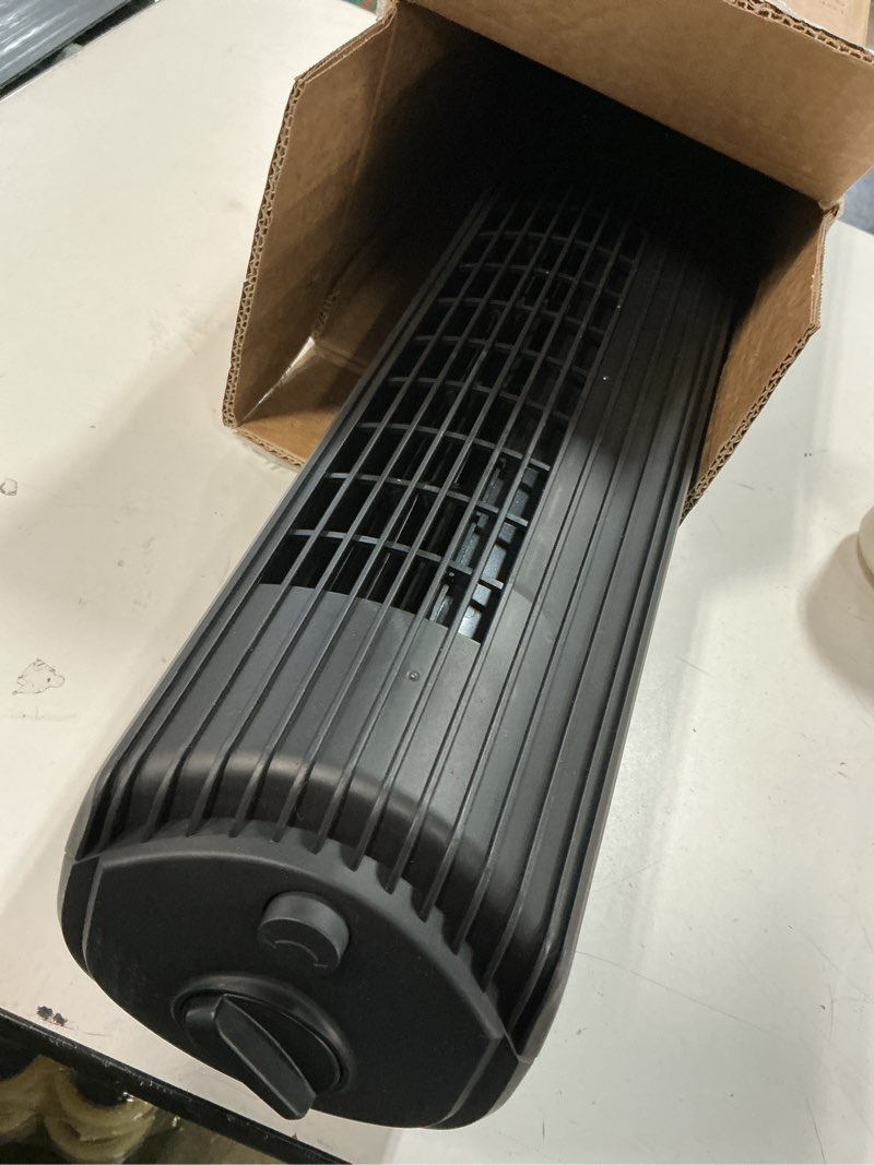 Condition photo showing As Is for Amazon Basics 28" 60-Degree Oscillating Tower Fan for Bedroom, Living Room, Office, With 3 Speeds, Intuitive Mechanical Control, Black, 35W, 27.8"H x 9.4"D x 9.4"W 28" - Mechanical Control