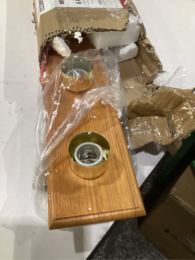 Condition photo showing As Is for design house vanity lights, 6 linear lights, dimmable, horizontal or vertical use, uses (6) 60w bulbs, for bathroom/makeup vanity, honey oak, 36.0 in. l x 4.5 in. h x 2.5 in. d, 500223 honey oak 6 lights