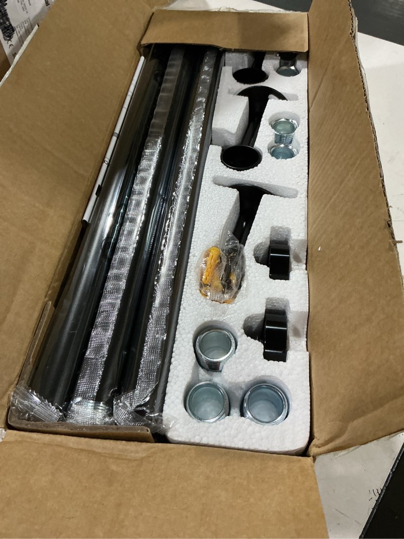 Condition photo showing New/Like New for yafex heavy duty curtain rods 32-150 inch, 1 inch adjustable black curtain rod for windows, extra long window treatment rods with aluminium finials, easy installation 32" to 150" black