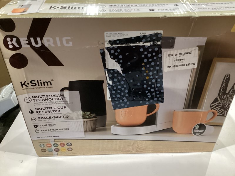 Condition photo showing As Is for keurig k-slim single serve k-cup pod coffee maker, multistream technology, 3 brew sizes, slim and sleek design, 46oz removable reservoir, white