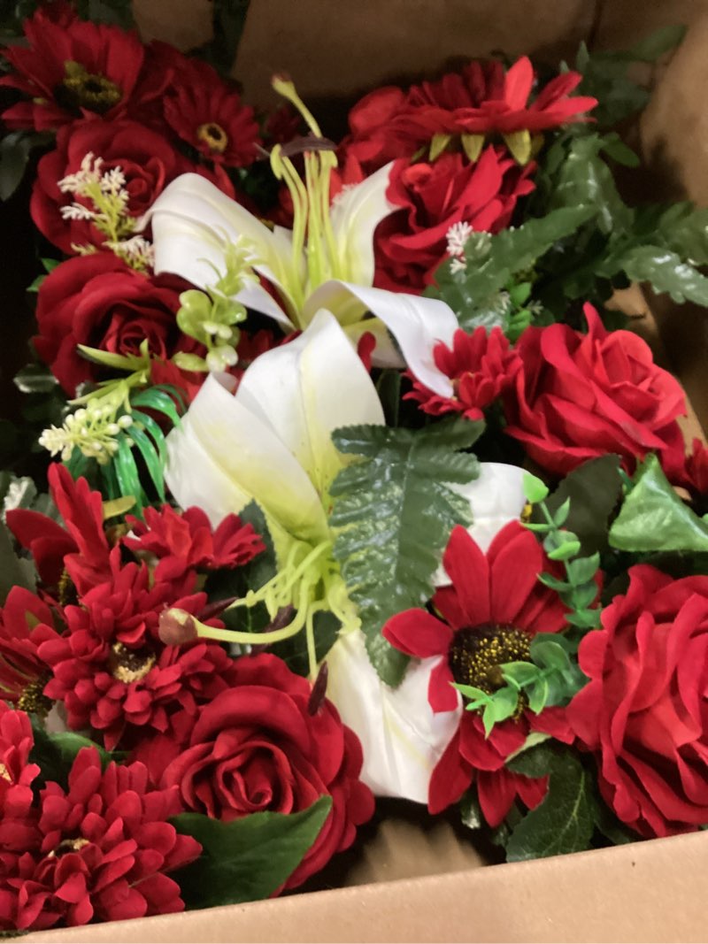 Condition photo showing Good Condition for cemetery flower for grave decorations, memorial floral cross with easel stand,headstone wreath-red rose hibiscus/white lily-28 inch