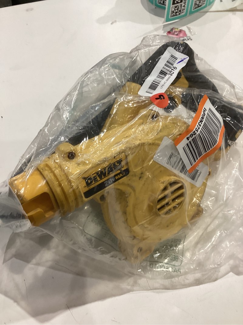 Condition photo showing As Is for dewalt 20v max blower, 100 cfm airflow, variable speed switch, includes trigger lock, bare tool only (dce100b) blower only