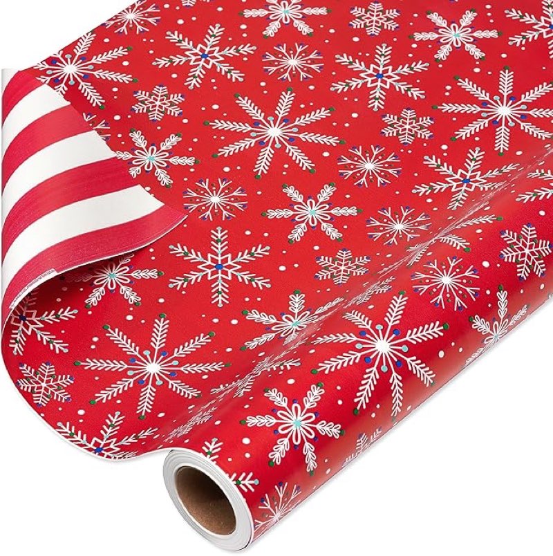 American Greetings Jumbo Reversible Christmas Wrapping Paper Roll, Red and White Holiday Gift Wrap (175 sq. ft., 1 Extra Large Roll-30 in. x 70 ft.) Stripes and Snowflakes
