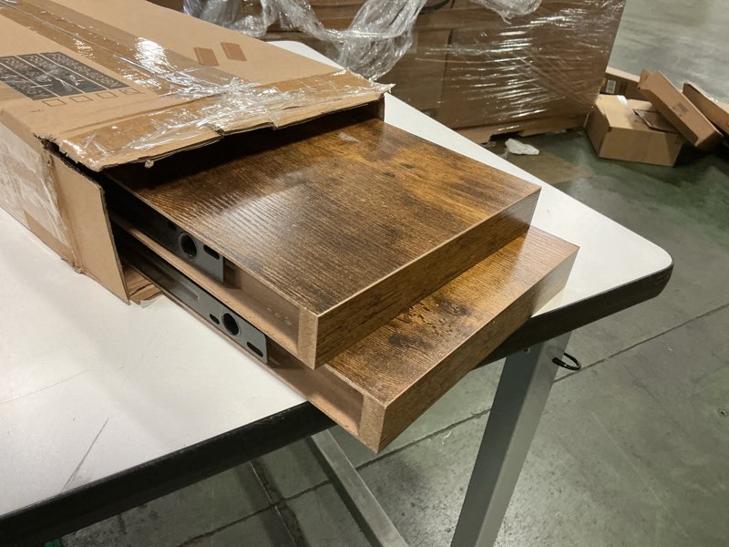 Condition photo showing As Is for QEEIG Floating Shelves for Wall 23.6" Long - Wall Mounted Shelf Bathroom Kitchen Living Room Bedroom Farmhouse Home Decor Display Bookshelf Large 23.6 x 9.3 inch Set of 2, Rustic Brown (008-60BN) 23.6" A. Brown