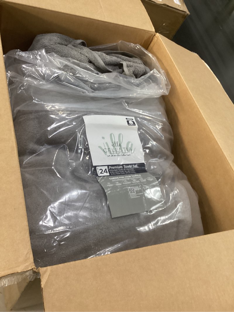 Condition photo showing As Is for villa celestia 24-piece 100% cotton towel set, 6 bath towels, 6 hand towels, 12 wash cloth, quick-dry, silver towel set - pack of 24 silver grey