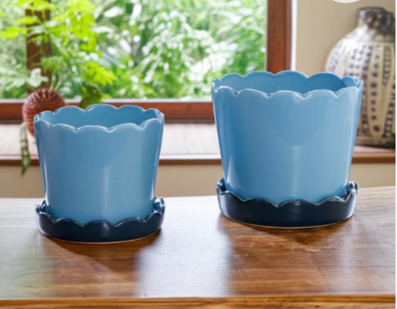 (Incomplete 1 piece only) Saucer Planters Ceramic Scalloped Edge Design Modern Decorative Versatile Round Shape Durable Construction 