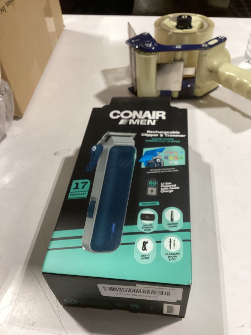 Condition photo showing New/Like New for conair men lithium-ion rechargeable clipper & hair trimmer for men, 17-piece clippers for hair cutting kit with color-coded combs, 5-position taper control for tapered edges and fades, quick charge