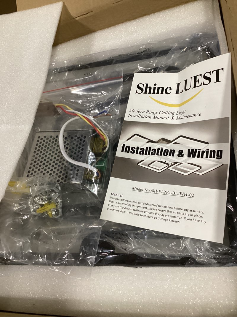Condition photo showing New/Like New for modern led ceiling light, dimmable led chandelier black flush mount ceiling lights, remote control acrylic ring ceiling lamp fixture for living room dining room bedroom, 8h-fang-bl-04 black 8 rings