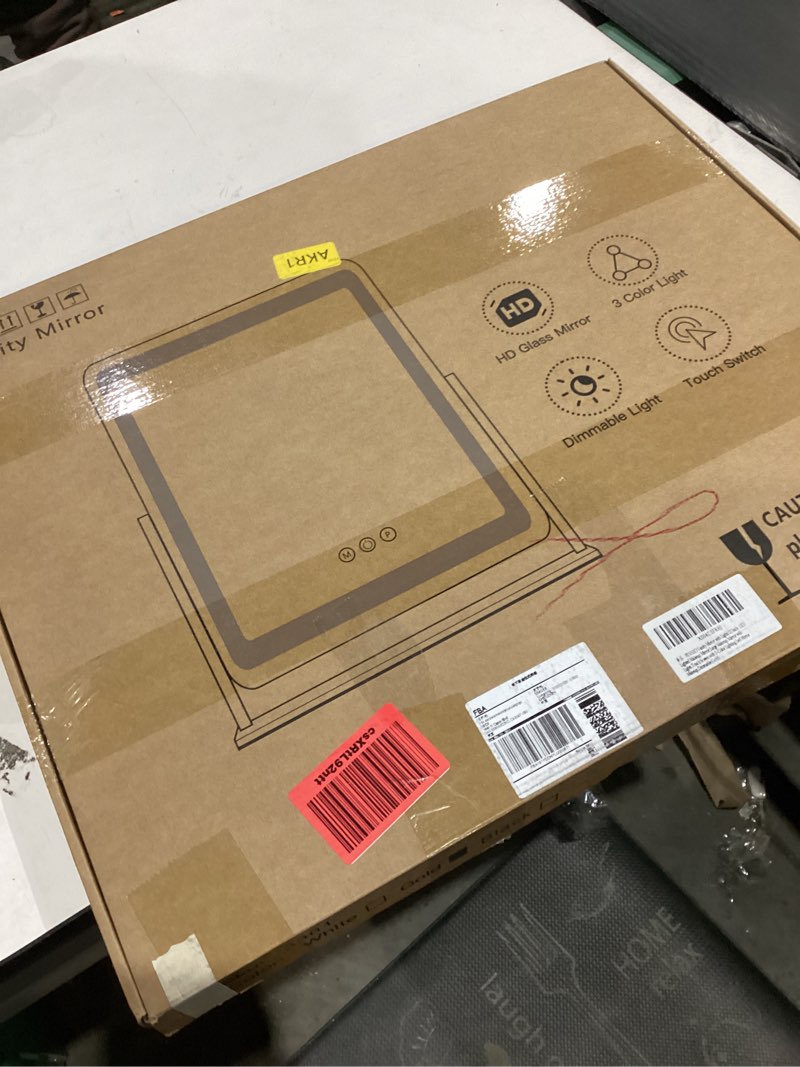 Condition photo showing New/Like New for FENNIO Vanity Mirror with Lights, 12" x 16" Lighted Makeup Mirror with Smart Touch Control, 3 Color Modes & Brightness Adjustable, LED Makeup Mirror with 10X Magnification, Square Gold Gold 12"L x 16"W