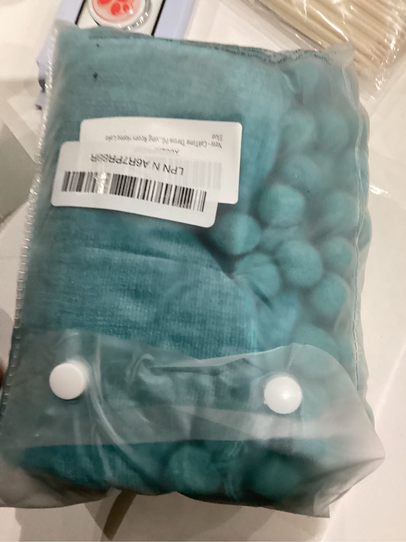 Condition photo showing As Is for CaliTime Throw Pillow Covers Decorative 20 X 12 Inches Pack of 2 Cozy Solid Dyed Soft Chenille Cushion Cases with Pom Poms for Couch Sofa Bed Living Room Home Lake Blue 20" x 12" (Pack of 2) Lake Blue