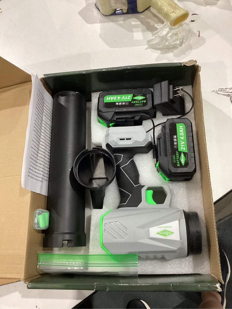 Condition photo showing Good Condition for leaf blower cordless with battery and charger,1000,000 rpm, 395cfm 1000g power, lightweight handheld design, extended nozzle,blower for patio cleaning,car blowing water, blowing leaves and dust silver