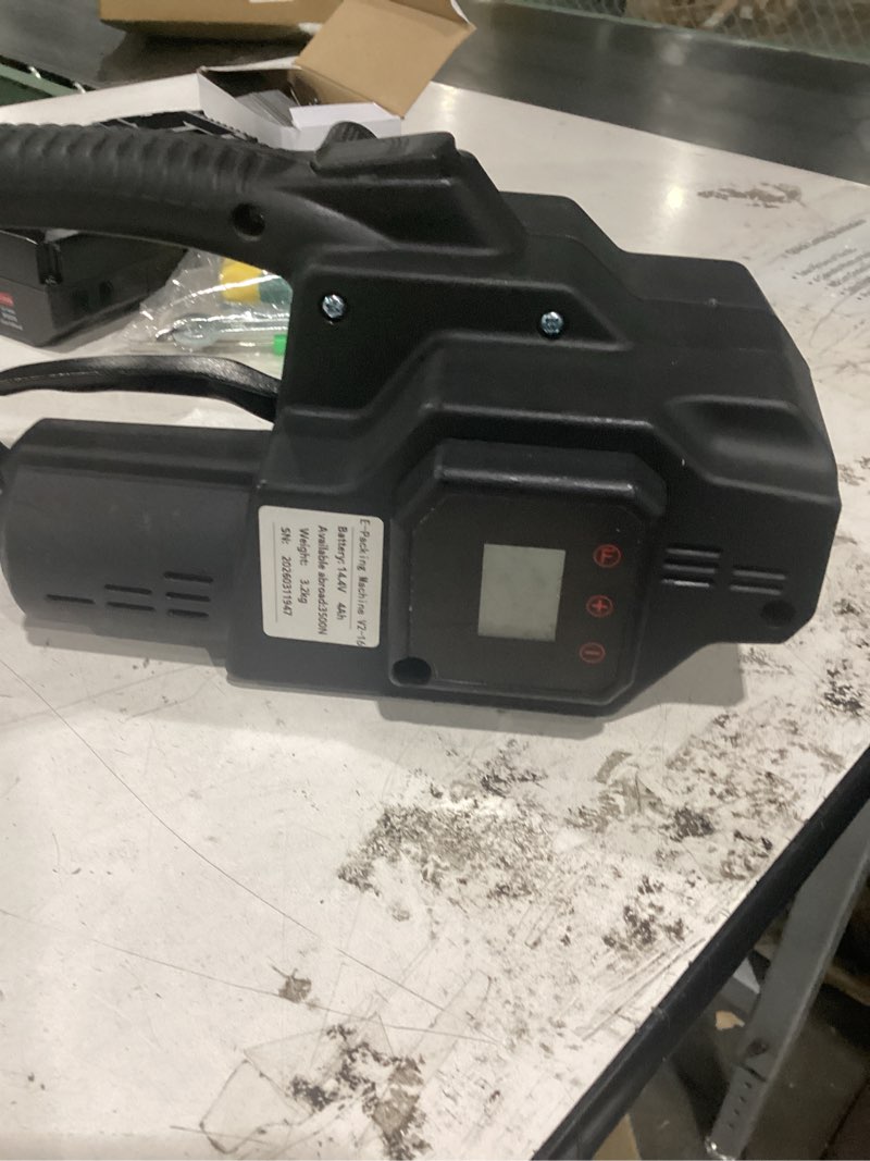 Condition photo showing As Is for cordless electric strapping tool for pp/pet straps, adjustable tension 3500n, dual battery powered handheld banding machine for cartons, pallets & industrial packaging