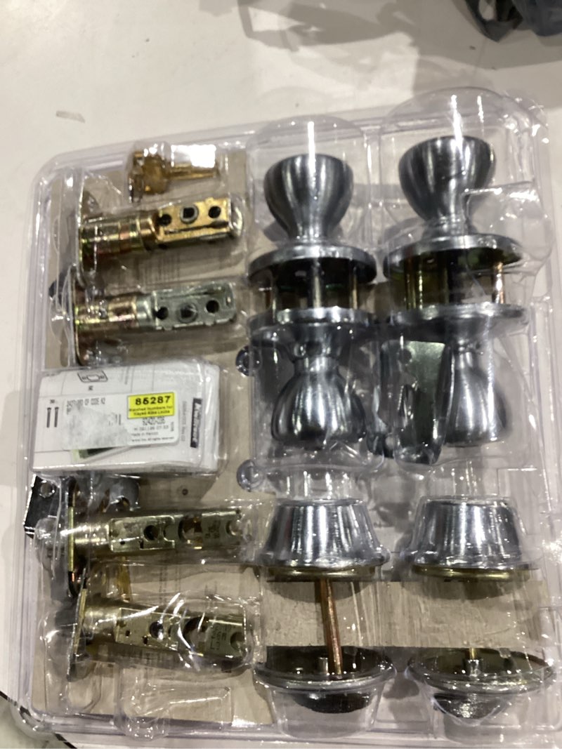 Condition photo showing As Is for kwikset tylo satin chrome deadbolt and entry door knob 1-3/4 in.
