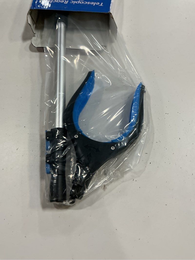 Condition photo showing New/Like New for telescopic grabber reacher tool, 5-level adjustable length (23'' to 41'') - trash claw gripper, pickup stick for litter picking, yard work, and seniors (blue)
