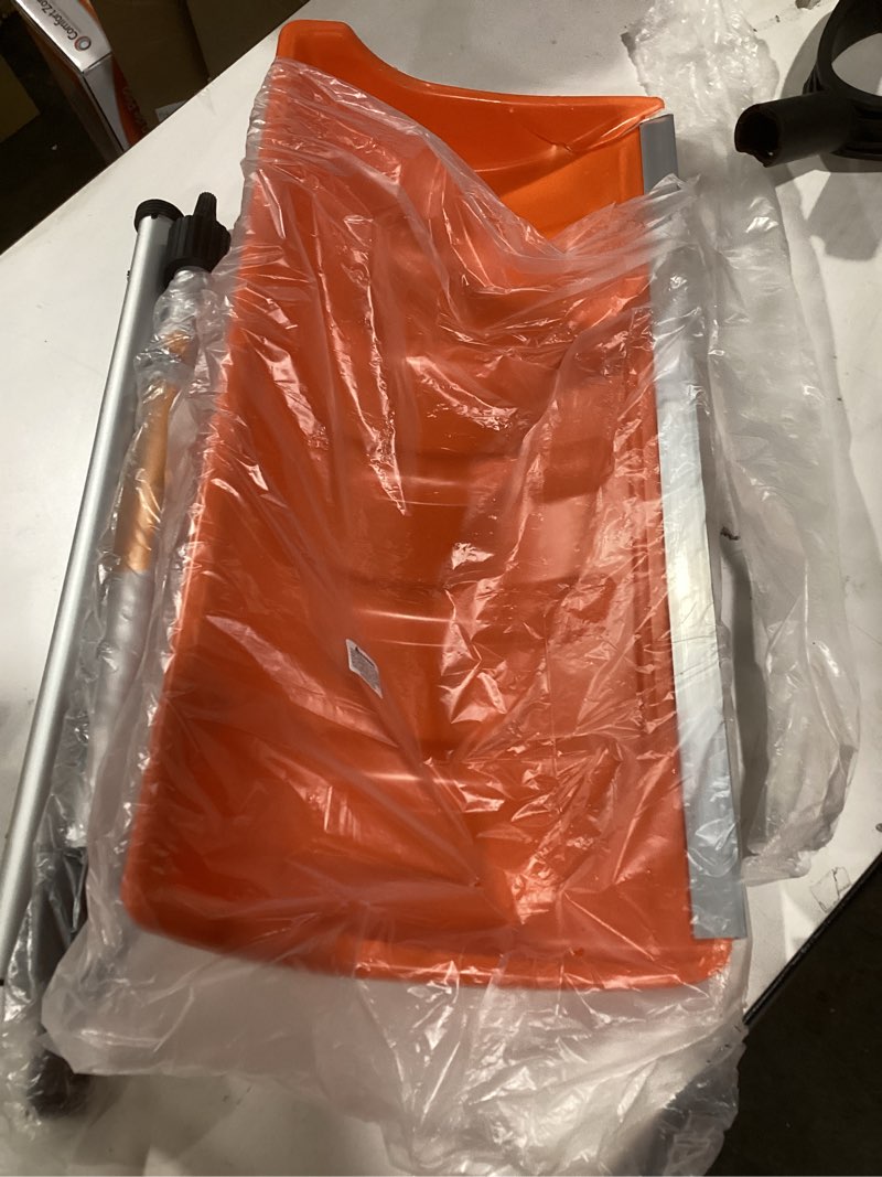 Condition photo showing As Is for Snow Pusher, 24-inch Wide Snow Shovel for Driveway, Snow Removal Tool for Car Garage, Sidewalks and Doorways, Snow Pusher Shovel with Ergonomic Grip and Aluminum Strip, Orange