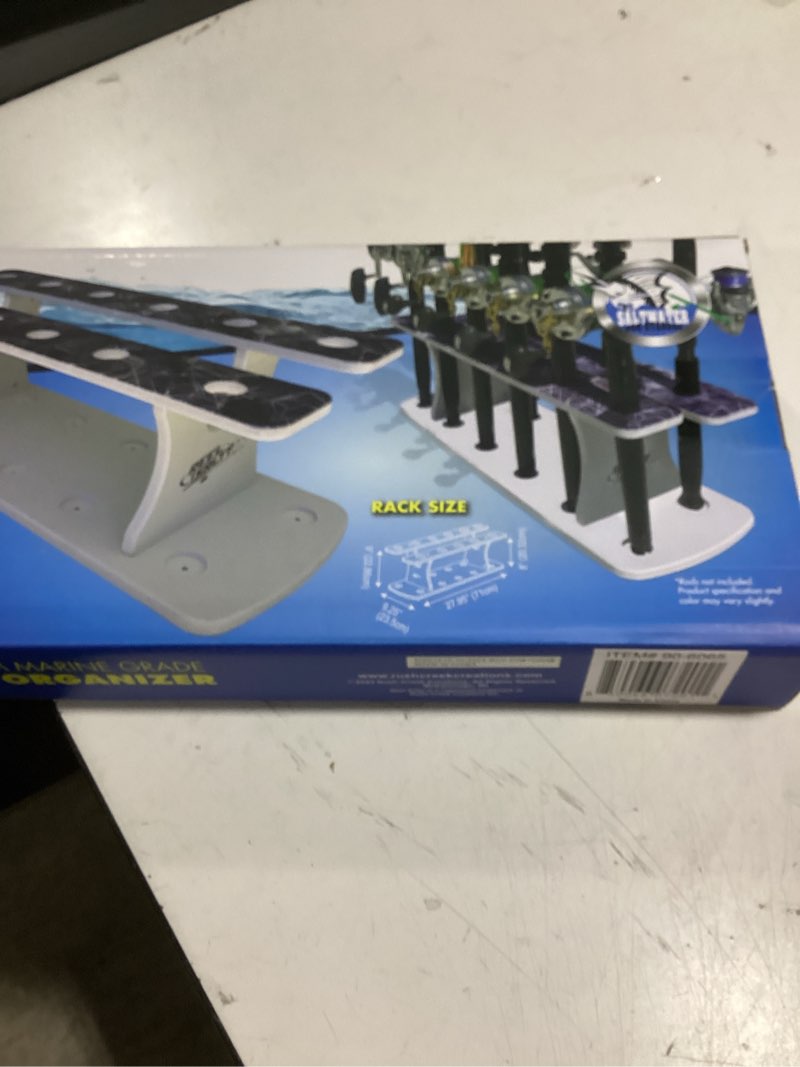 Condition photo showing New/Like New for rush creek creations reel salty gray/white/blue 11-rod marine grade fishing rod holder - bi-level design, uv-resistant, 100% waterproof for garage and dock