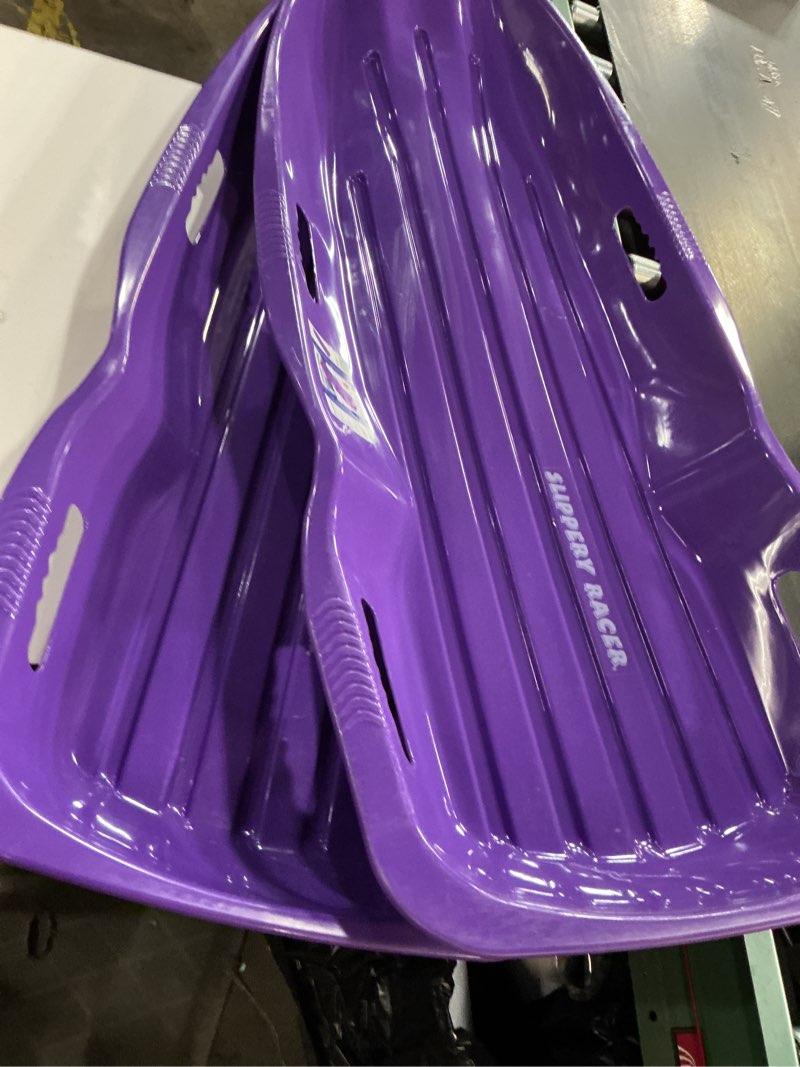 Condition photo showing item condition for slippery racer downhill xtreme flexible adults and kids plastic toboggan snow sled for up to 2 riders with pull rope and handles 2 pack purple