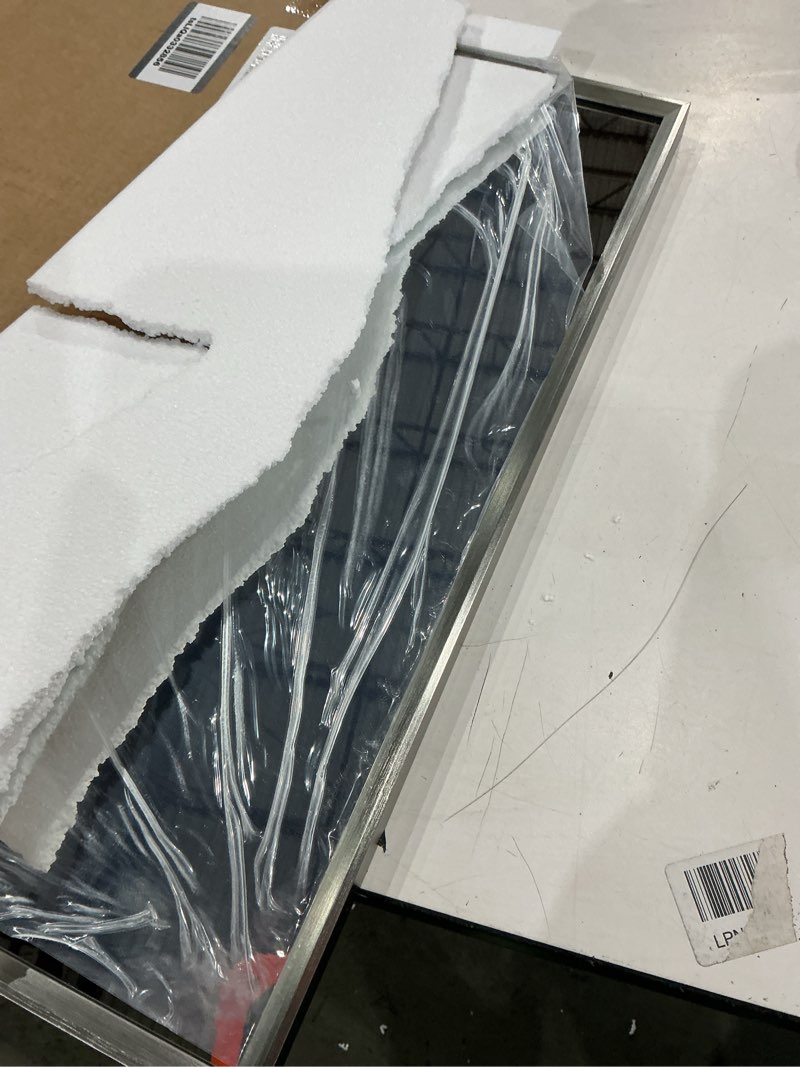 Condition photo showing As Is for keonjinn 22 x 30 inch brushed nickel bathroom mirrors for over sink, beveled rectangle framed mirrors for wall, farmhouse bathroom vanity mirror, tempered glass, square corner brushed nickel 30"l x 22"w
