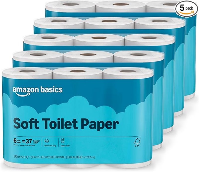 (( missing one roll))Amazon Basics 2-Ply Soft Toilet Paper, 30 Rolls (5 Packs of 6), Equivalent to 185 Regular Rolls, Packaging May Vary