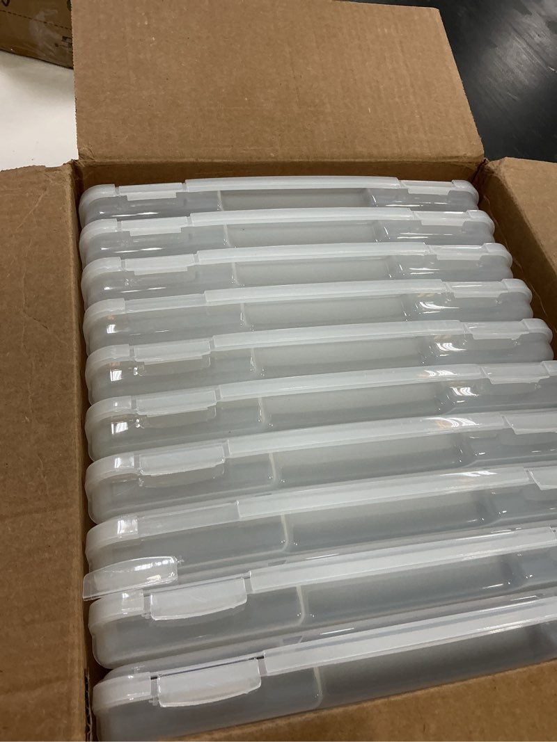 Condition photo showing Good Condition for IRIS USA Board Game Storage Craft Organizer Box with Snap-Tight Latch Lid, 10-Pack Portable Plastic Case Bin for Puzzles, Magazines, Hobbies, Art Supplies, Fits 8.5" x 11" & A4 Papers, Slim, Clear 10 Pack