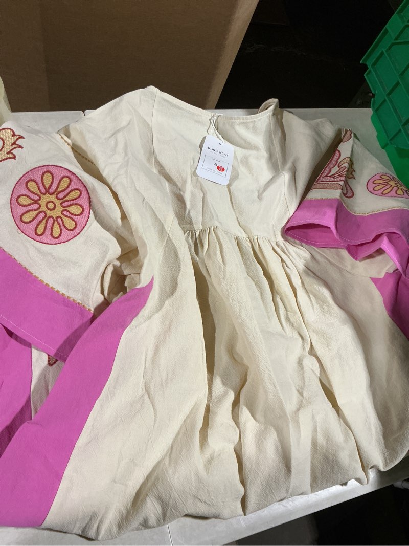 Condition photo showing Good Condition for Womens Oversized Floral Embroidered Long Dress with V-Neck and 3/4 Sleeves Vintage Embroidery Babydoll Dress Hot Pink Small