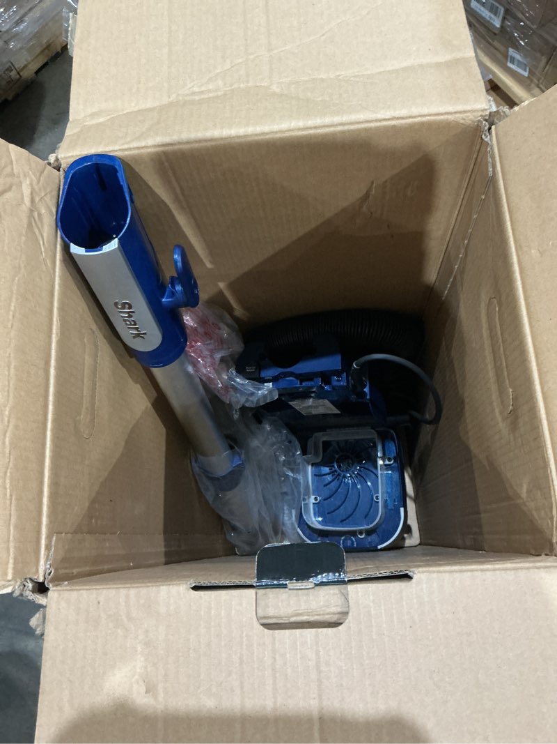 Condition photo showing As Is for shark upright vacuum, stratos with duoclean powerfins, hairpro, powered lift-away, self-cleaning brushroll, & odor neutralizer technology, navy, az3002
