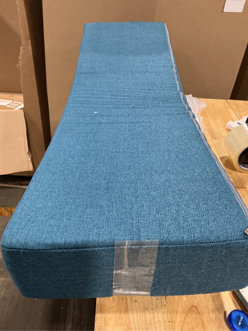 Condition photo showing As Is for seat cushion tufted thicken pad for patio porch, mudroom entryway, blue. 14” x36”