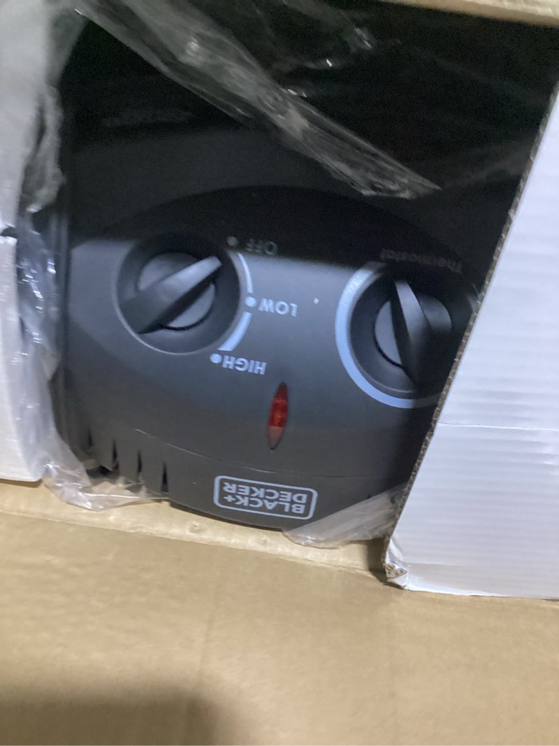 Condition photo showing As Is for black+decker infrared radiant quartz tower heater, 1500w space heater with adjustable thermostat, portable heater with 2 settings, personal heater for home and office, bhti06, black infrared quartz