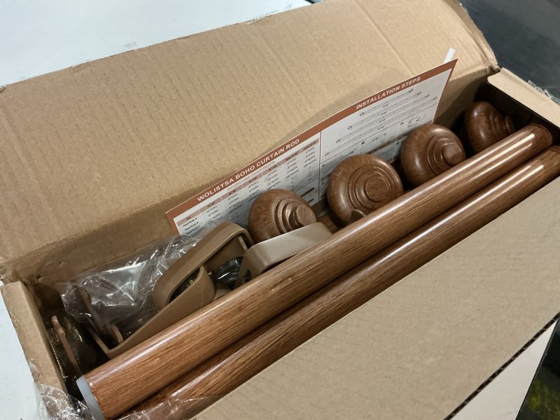 Condition photo showing Good Condition for 2 pack wood curtain rods for windows 48 to 84 inch, boho vintage decorative 1 inch diameter wooden curtain rod, adjustable heavy duty rustic farmhouse drapery pole with wood grain finials wood 36''-88'' (2 pack)