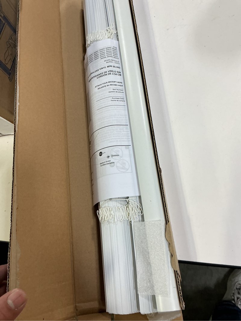 Condition photo showing Good Condition for Project Source 1" Room Darkening Cordless Vinyl Mini Blinds 23" x 64" White