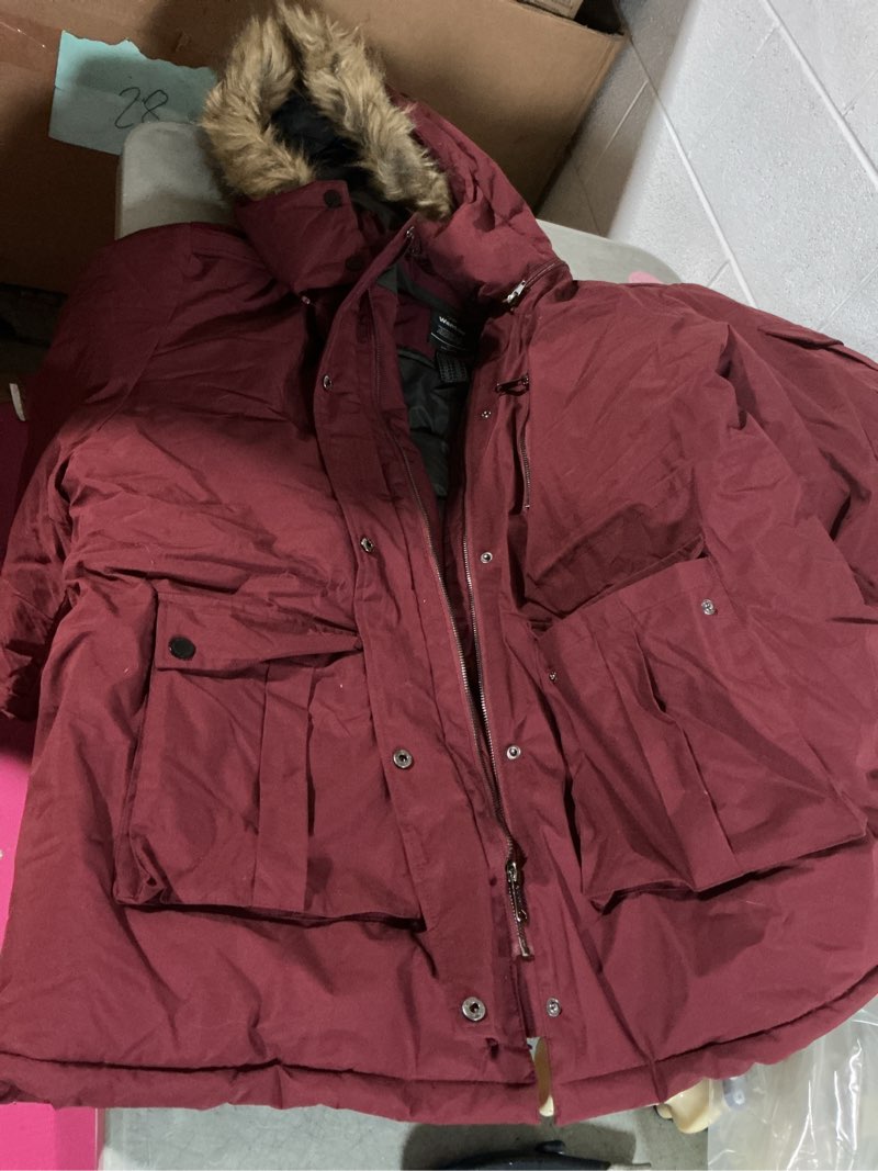 Condition photo showing As Is for wantdo women's quilted winter coat warm puffer jacket thicken parka with removable hood 4x-large plus wine red