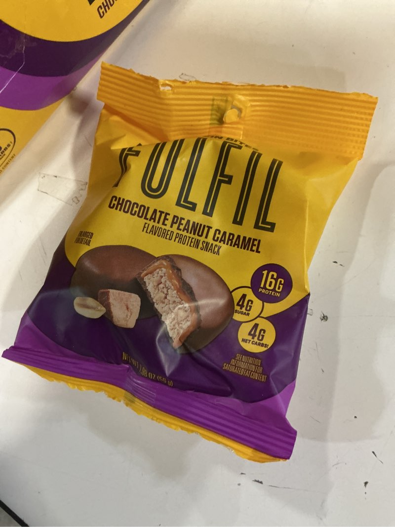 Condition photo showing Good Condition for (BB/11/2025)(box of 10 pieces)FULFIL Protein Snack Bites, Chocolate Peanut Caramel Flavored, Gluten Free with 16g Protein per serv