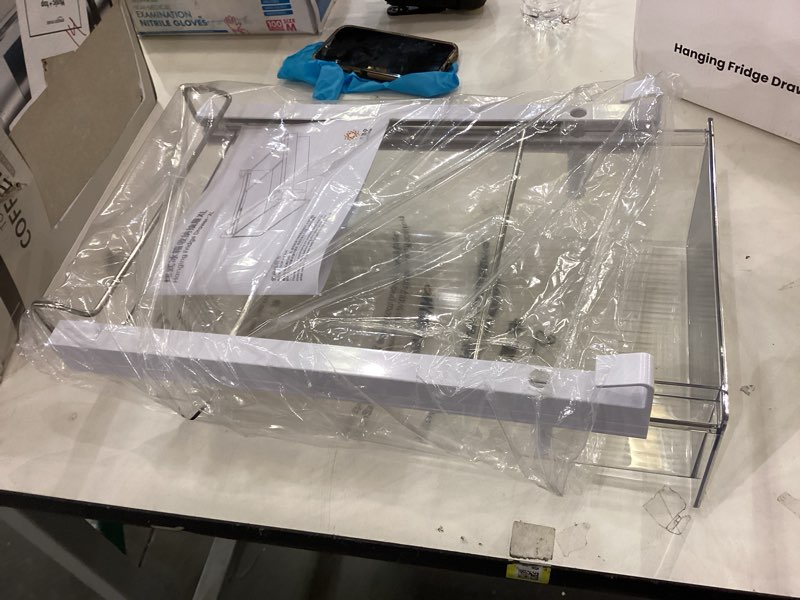 Condition photo showing As Is for Large Fridge Drawer Organizer 14in-20in Upgradation Refrigerator Undershelf Drawer, Extra-Deep Storage Deli Meat, Cheese, Eggs, Fruit, Vegetable Clear Extra-Deep Drawer